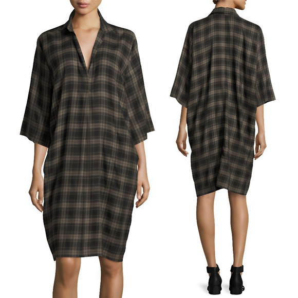 Vince Plaid Easy Pullover Cotton Dress in Military Size Small V-Neck 3/4 Sleeve - Picture 1 of 13